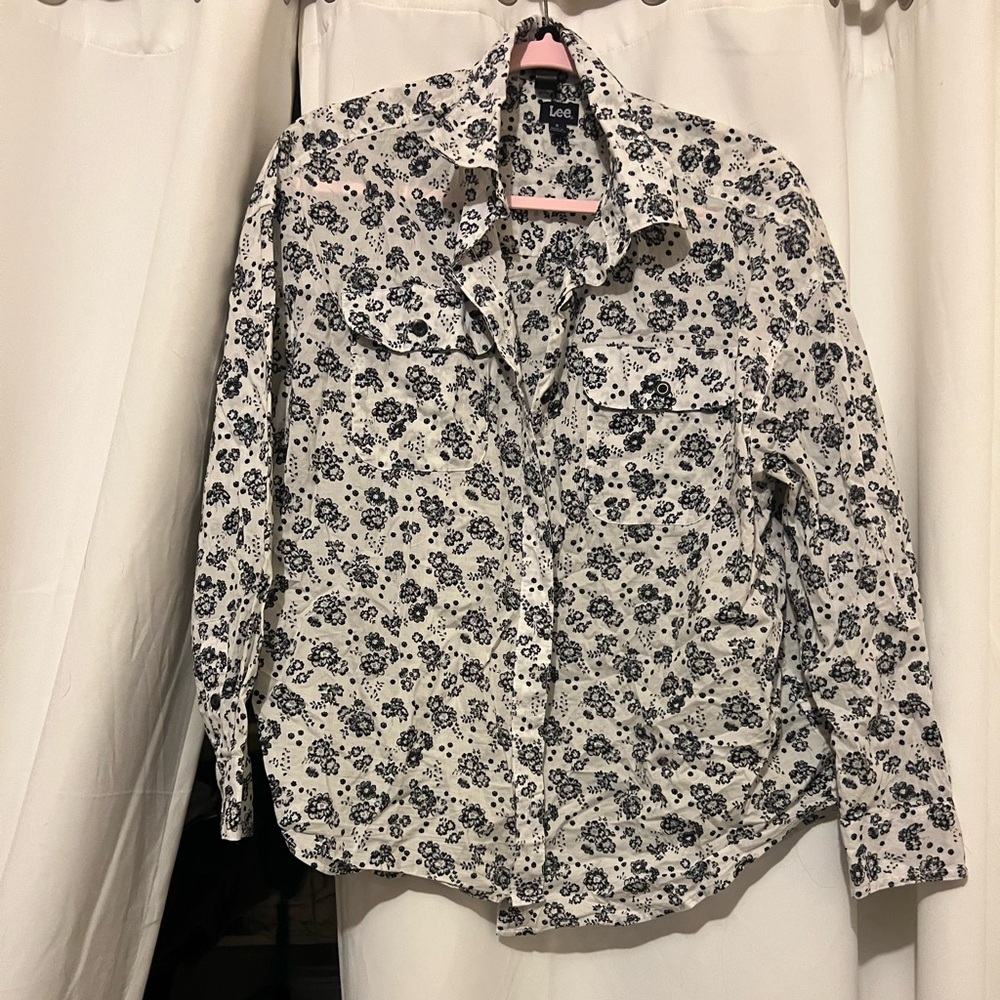 Elegant White Button-Down with Black Floral Pattern